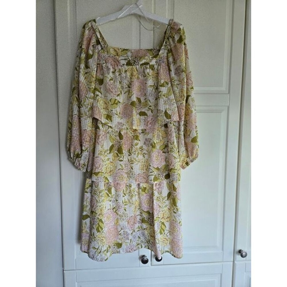 Who What Wear 3/4 Sleeve Ruffled Mini Dress  Pink Green Floral -Small Medium NEW - Picture 5 of 5